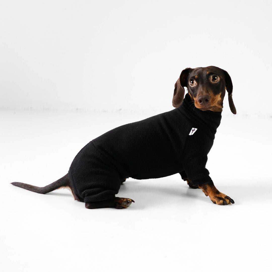 Karma-Hund-Polar-Fleece-Overall-Dackel-Schwarz-Hocke