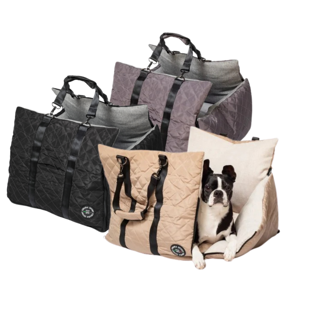 Chiara-Hundeautositz-Hundetragetasche-Luxury-Grau-Beige-Schwarz