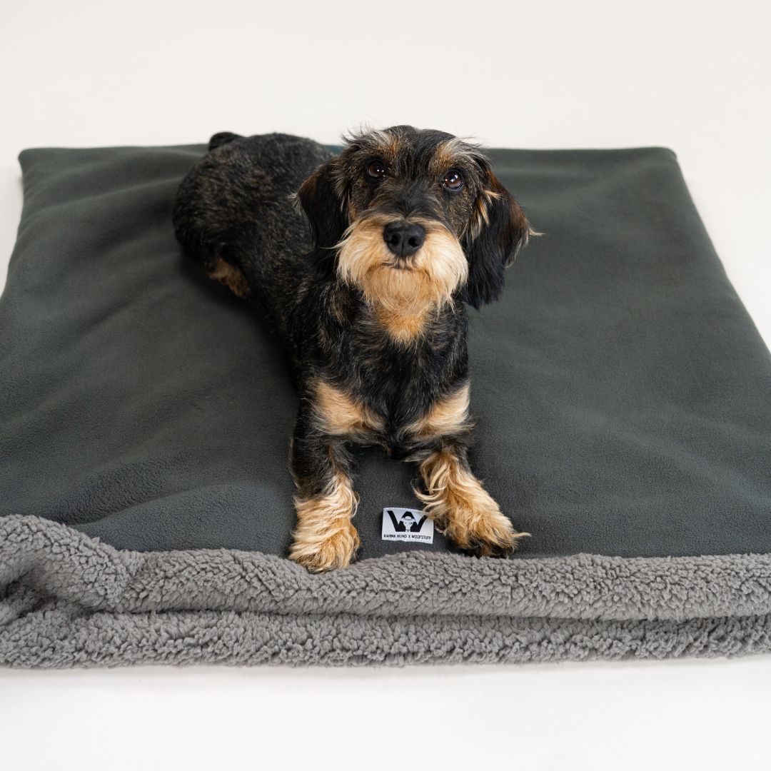 Karma-Hund-Woofstuff-Teddy-Kuschelschlafsack-Stone-Grey-Hund7