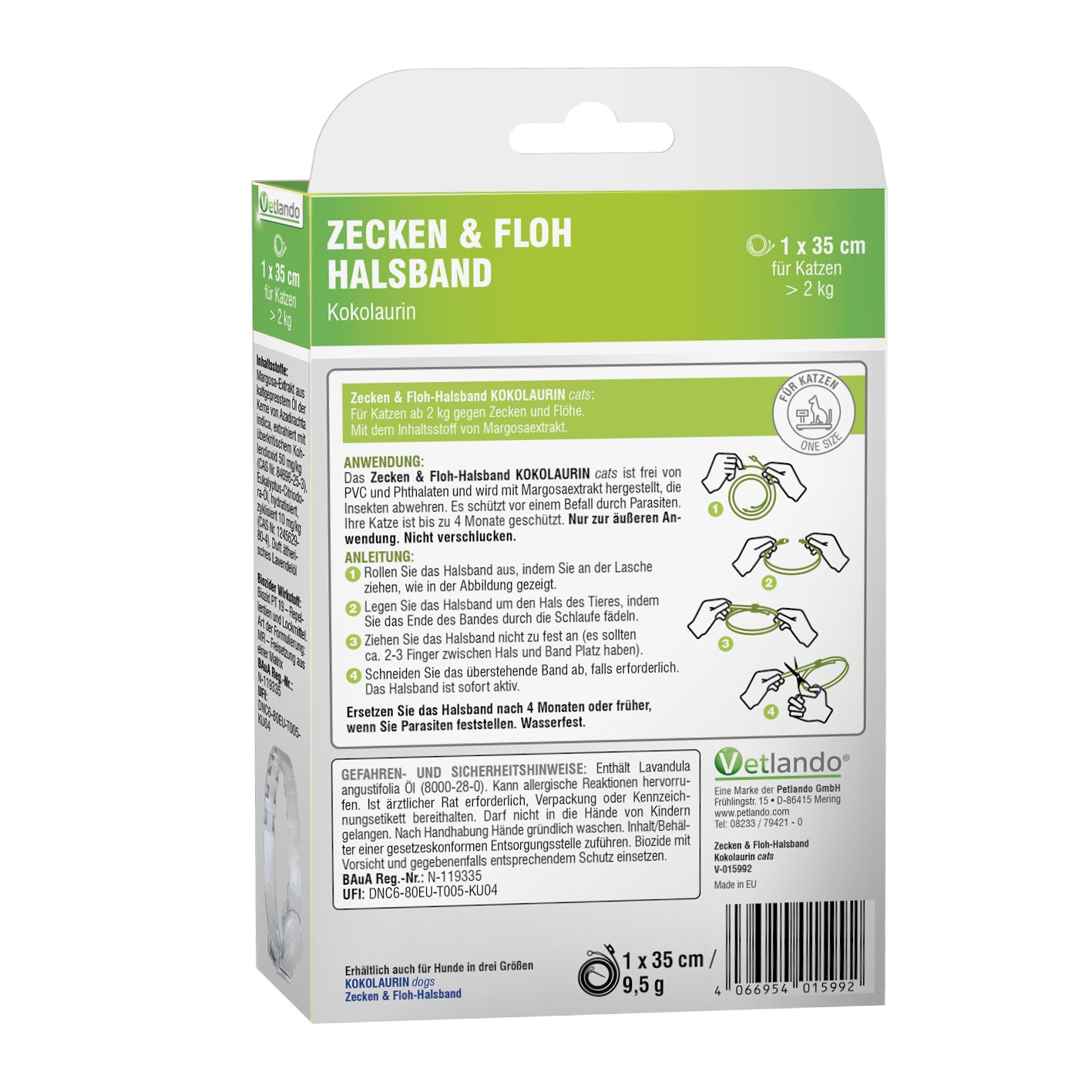 Vetlando-Kokolaurin-Zecken-Floh-Halsband-Katze-neu-Rückseite
