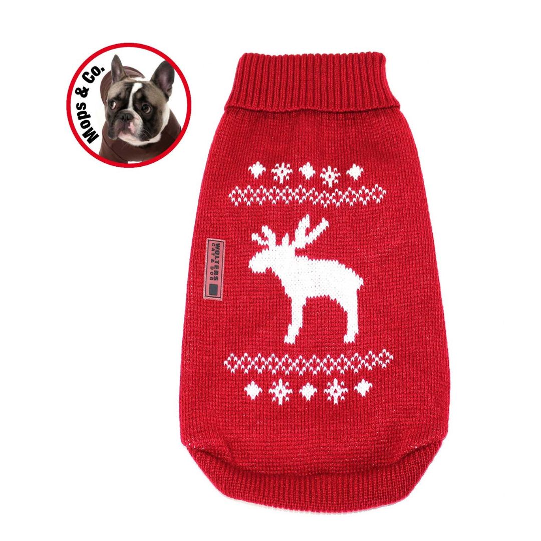 Wolters-Strickpullover-Elch-Mops-Bulldogge-rotweiss