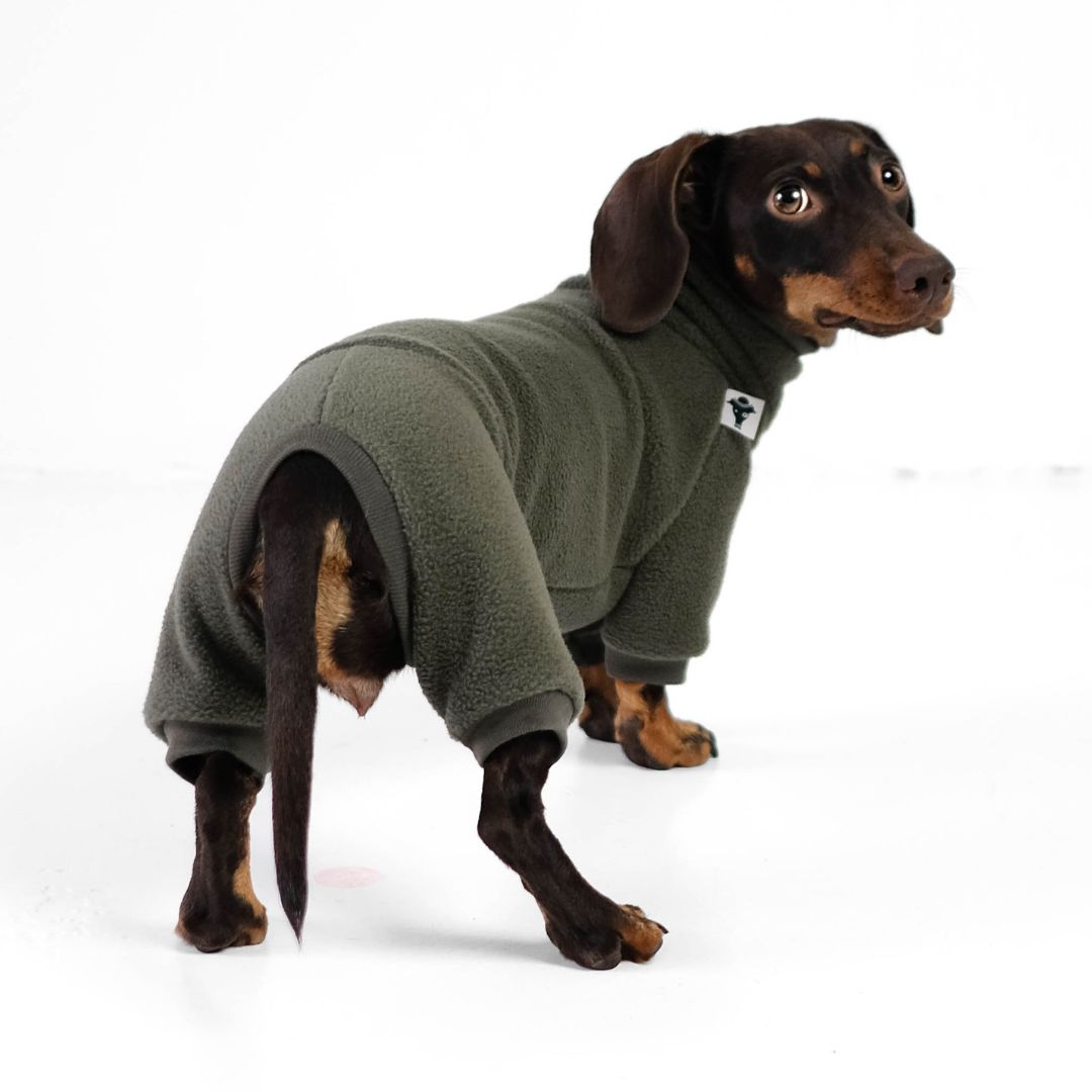 Karma-Hund-Hundepullover-Polar-Fleece-Overall-Dackel-Olive-Rückseite