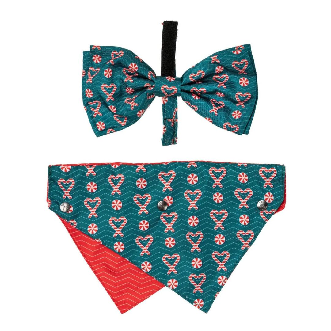 Fuzzyard-Xmas-Dog-Fashion-Set-I-Heart-Candy-Canes-Hundefliege-Hundehalstuch