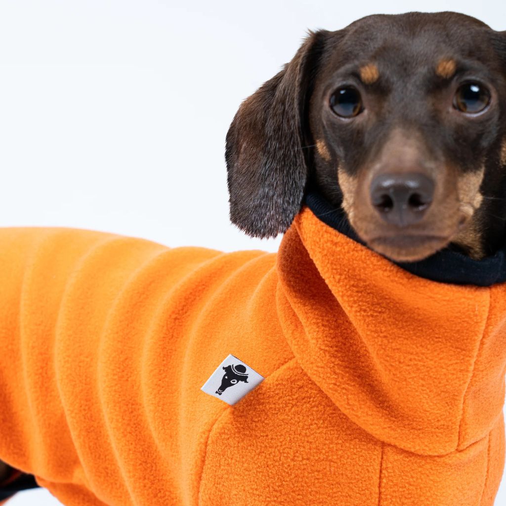 Karma-Hund-Hundepullover-Polar-Fleece-Overall-Dackel-Orange-Detail