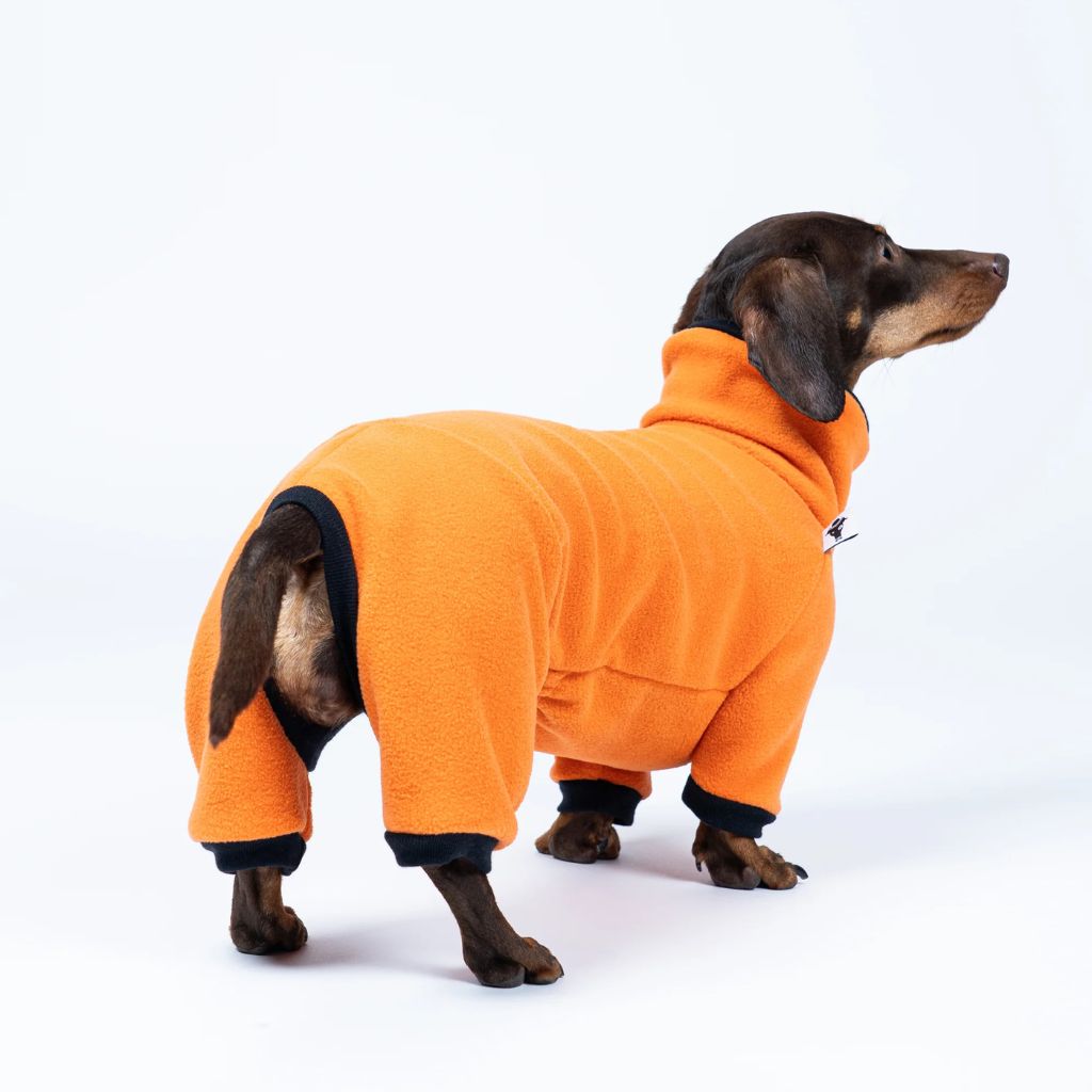 Karma-Hund-Hundepullover-Polar-Fleece-Overall-Dackel-Orange-Rücken