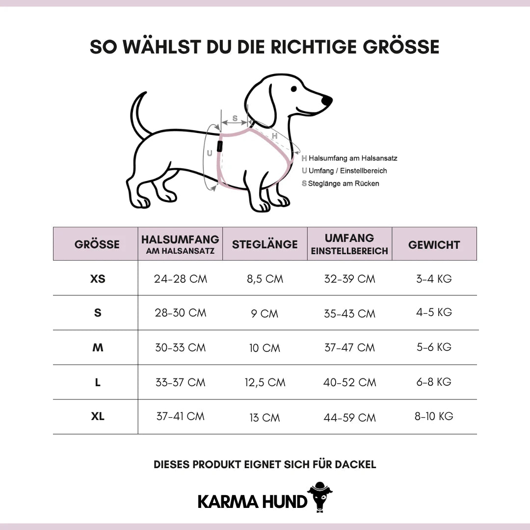 KarmaHund-Dackel-Geschirr-Masstabelle