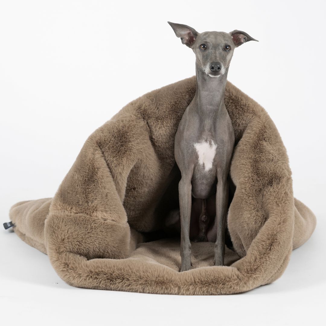 Woofstuff-Kuschelschlafsack-Fluffy-Taupe-Hund
