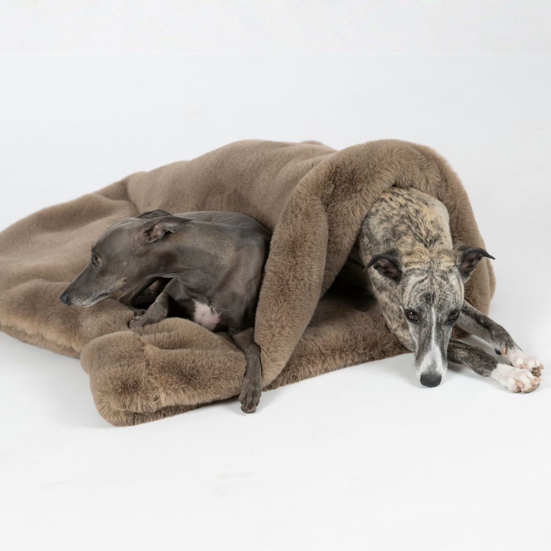 Woofstuff-Kuschelschlafsack-Fluffy-Taupe-Hund7