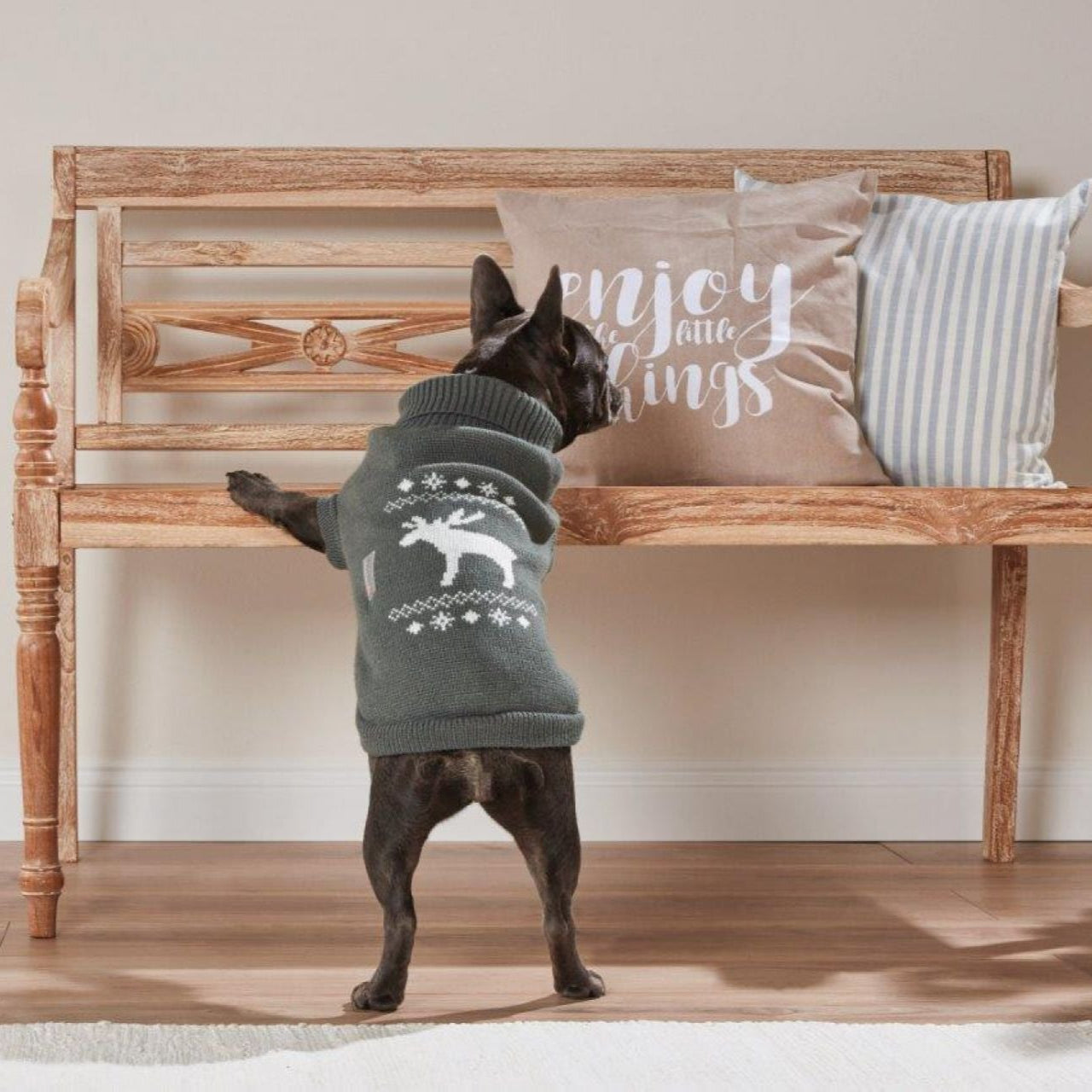Wolters-Strickpullover-Elch-Mops-Bulldogge-grau-weiss
