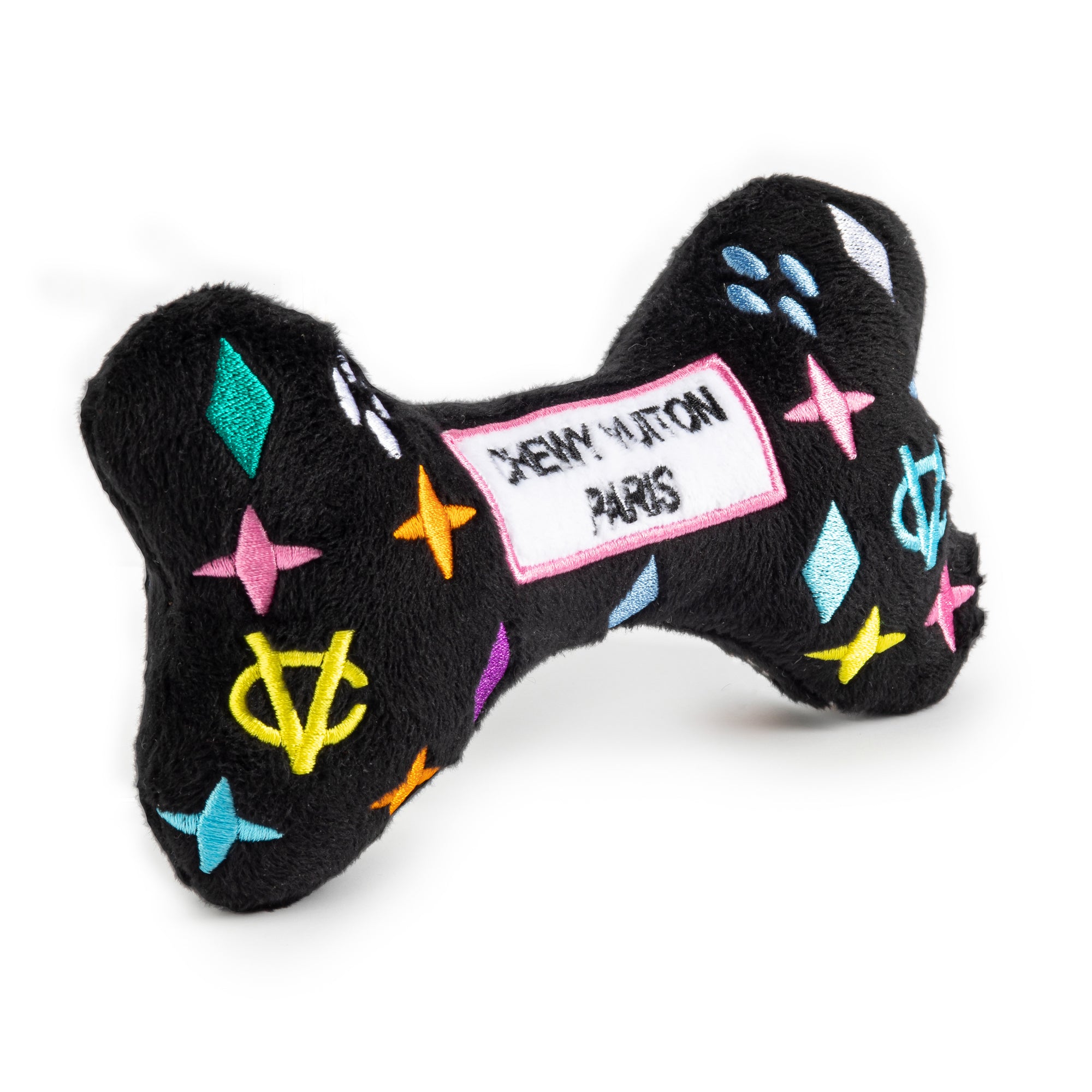 Haute-Diggity-Dog-Hundespielzeug-Chewy-Vuiton-Plüschknochen-Black-Monogram-seitlich