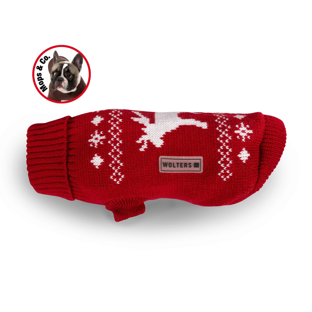 Wolters-Strickpullover-Elch-Mops-Bulldogge-rot-weiss